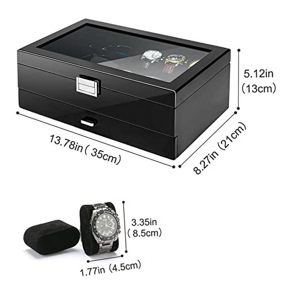 ProCase Wooden Men's Jewelry Box, Watch and Sunglasses Box Organizer for Men, 2-Tier Watch Holder and Glasses Display Cases with Clear Glass Top and Storage Drawer -Black