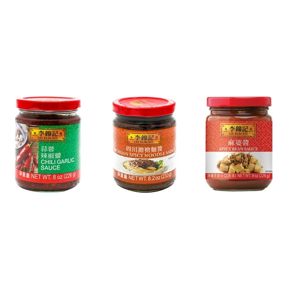 3 Pack Lee Kum Kee Cooking Sauce, 3 Flavors(Chili Garlic Sauce,Sichuan Spicy Noodle Sauce,Spicy Bean Sauce) Plus NineChef Brand Long Handle Coffee Spoon