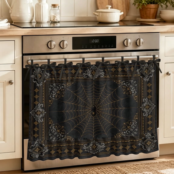 Oven Skirt Curtain for Kitchen 21.5x30 Inch, Halloween Oven Curtain with 8 Ribbon Ties & Ruffle Trim, Stove Skirt Curtain Dishwasher for Cabinets Over Sinks Vintage Dark Spiders Floral Scrollwork
