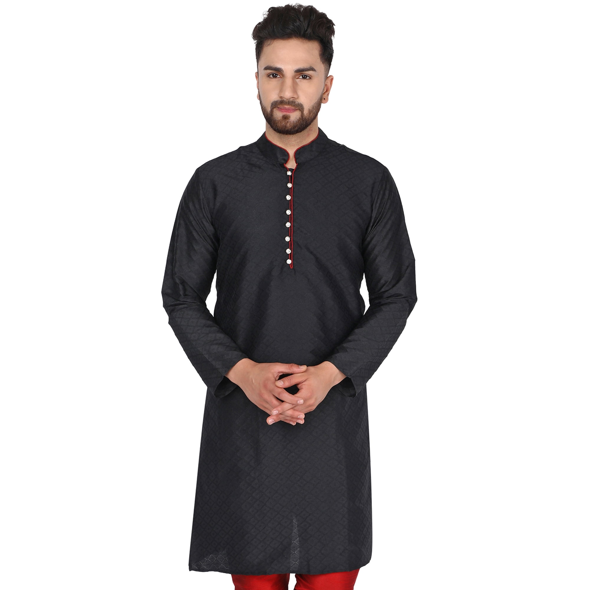 SKAVIJ Men s Indian Art Silk Kurta Casual Long Shirt Party Dress Small Black
