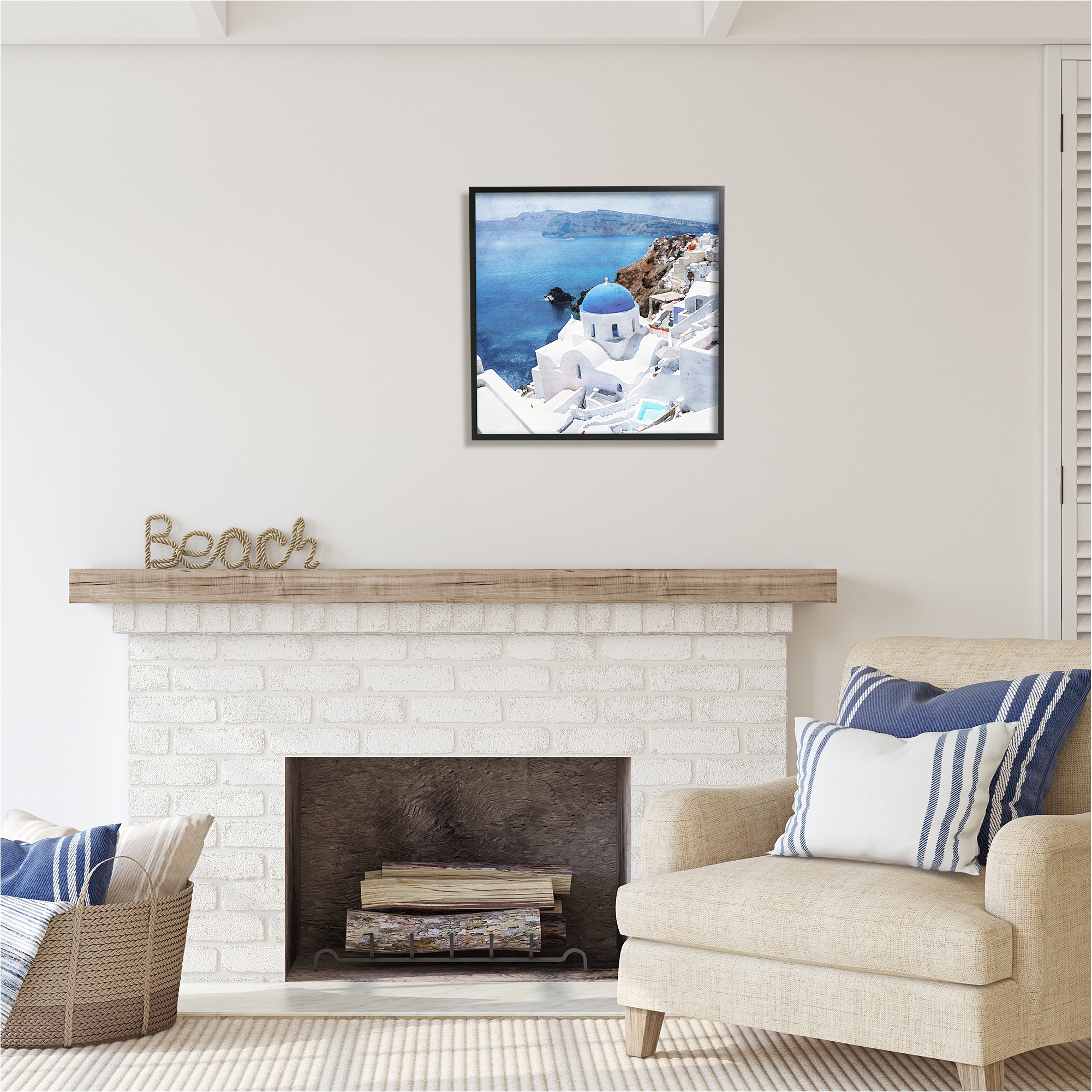 Stupell Industries Santorini Ocean Scenery Transportation Painting Black Framed Art Print Wall Art, 24 x 24