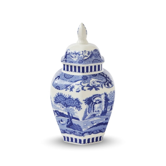 Spode Blue Italian Porcelain Lidded Hexagonal Vase, 5.7-Inch Decorative Accent with Imari Border & Cobalt Detailing for Elegant Display & Storage - Great Urn for Gifting, Wedding, Centerpieces