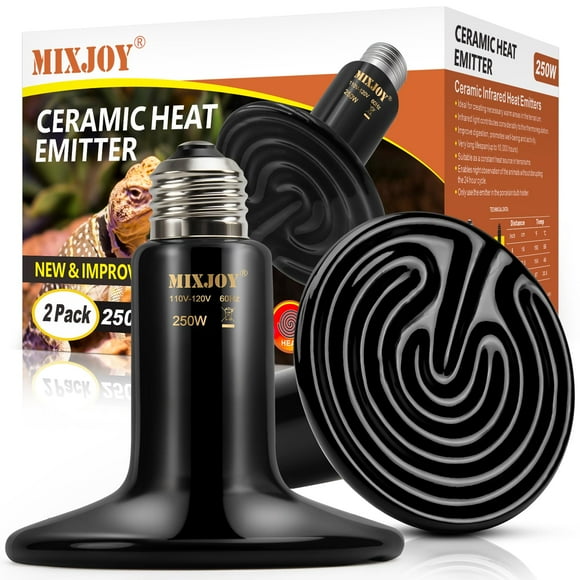 Lámpara de calor para reptiles MIXJOY, 250 W, emisor de calor de cerámica, paquete de 2