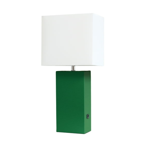 Elegant Designs Modern Leather Table Lamp with USB and White Fabric Shade, Green