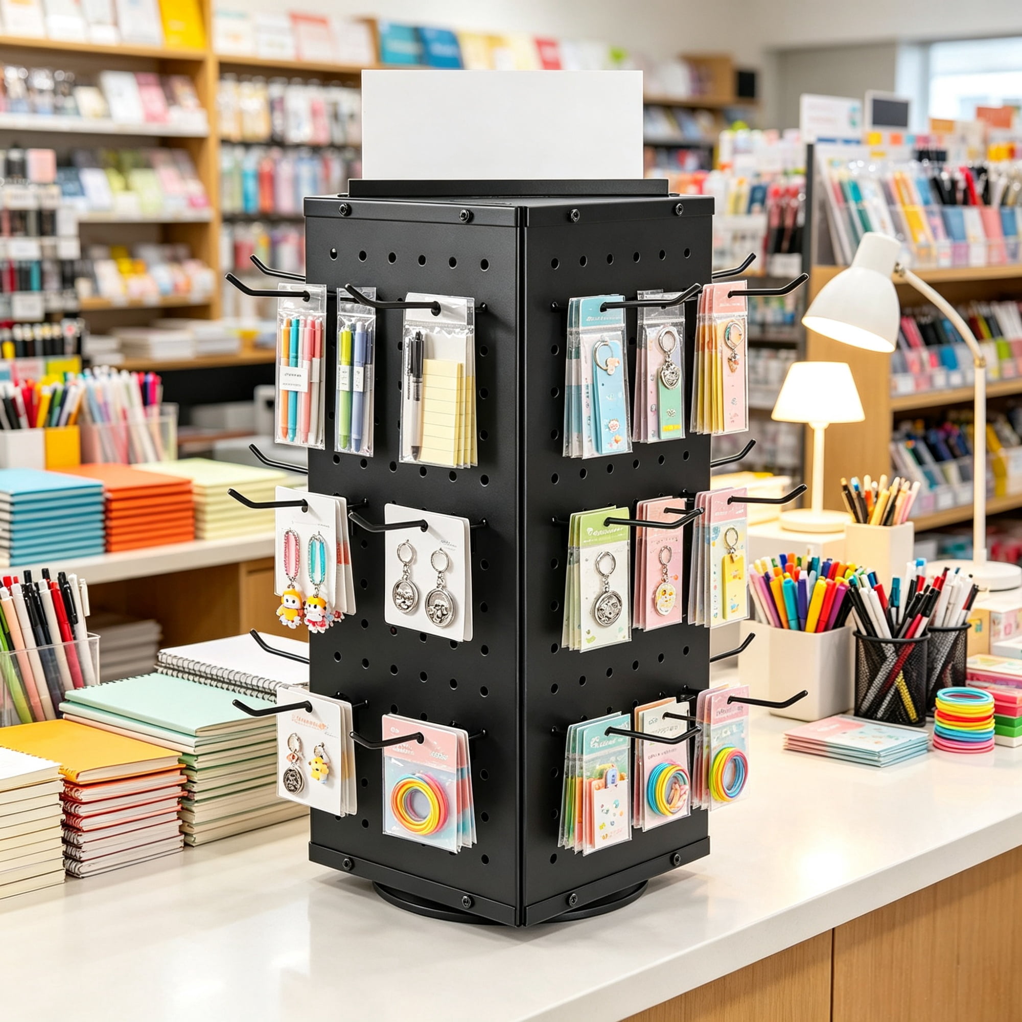 Rotating Pegboard Display Stand, 4-Sided Spinning Retail Organizer with 24 Hooks for Grocery & Jewelry Shop, 7.4 x 7.4 x 17 in