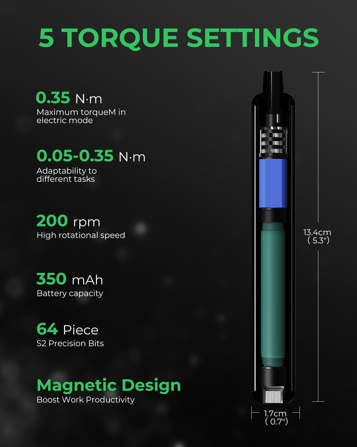 3.7V Mini Electric Screwdriver Set 68-in-1, Precision Screwdriver Set with 64 S2 Bits, 5 Torque Settings, 5/32'' Hex, Magnetic Storage, Electric Repair Tool Kit for PC, RC, Phone, Camera, Laptop