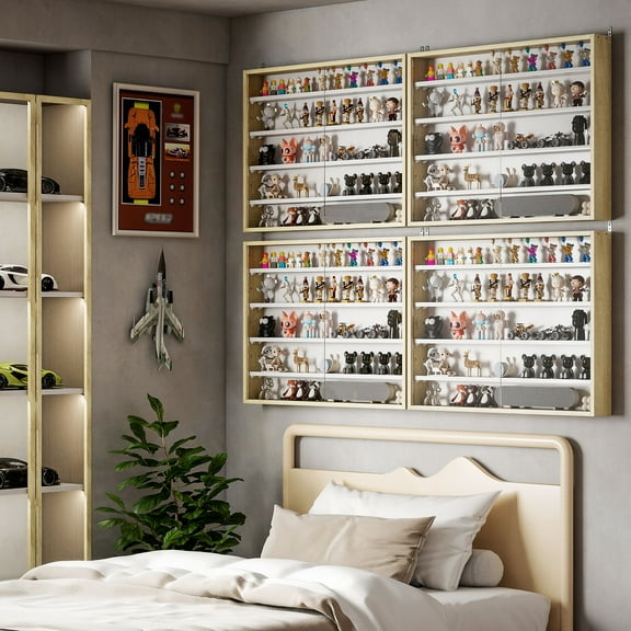 HOMCOM 5-Tier Display Cabinet, Wall-Mounted Glass Door Cabinet with 4 Adjustable Shelves, Oak and White