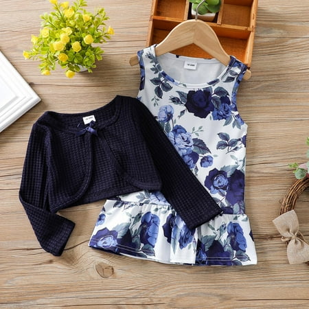 

Herrnalise Toddler Kids Baby Girls Clothes Autumn Winter Knitted Cotton Coat And Floral Vest Dress Two-piece Set