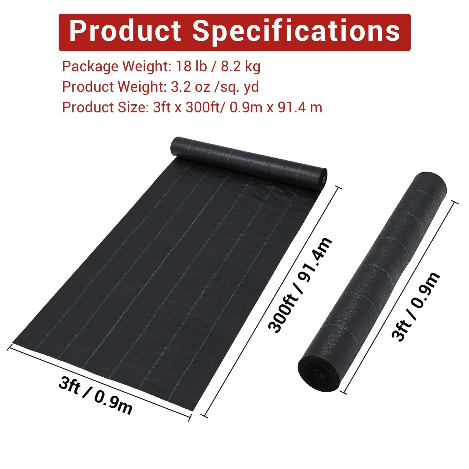 Yeshouse 3 x 300 FT Weed Barrier Fabric Roll – Durable Landscape Fabric, Air & Water Permeable Weed Block for Gardening, Greenhouse, Driveway, Flower Bed