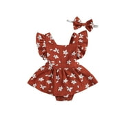 hirigin Baby Girl’s Fly Sleeve Flower Skirt Stitching Romper and Headband