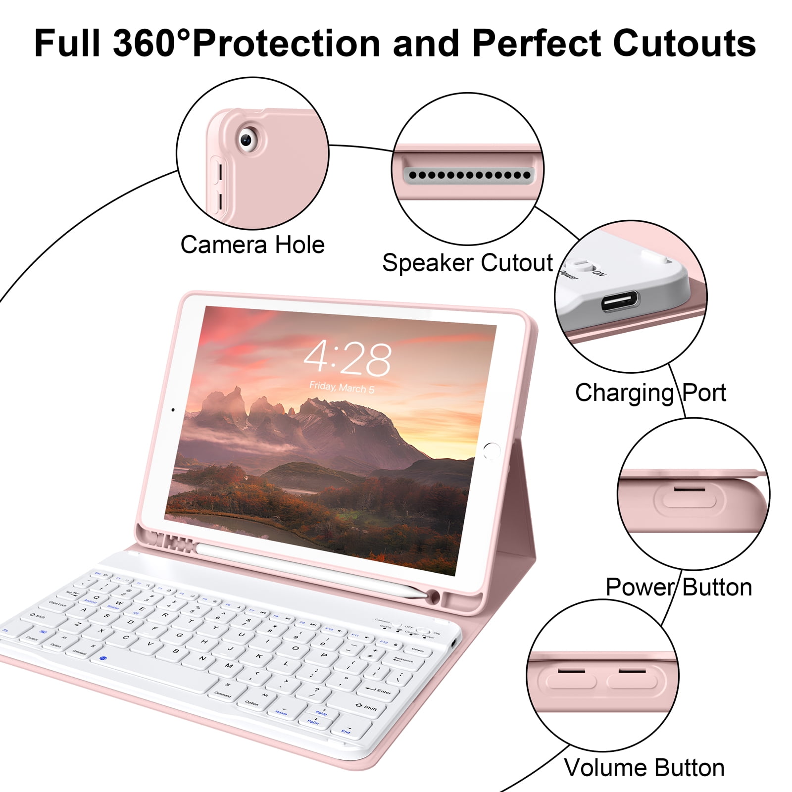 Aoub iPad 9th/8th/7th Generation Keyboard Case with Pencil Holder, Stand Folio Detachable Wireless Bluetooth Keyboard Cover, Soft TPU Back Smart Case for iPad 10.2 inch 2021/2020/2019, Pink