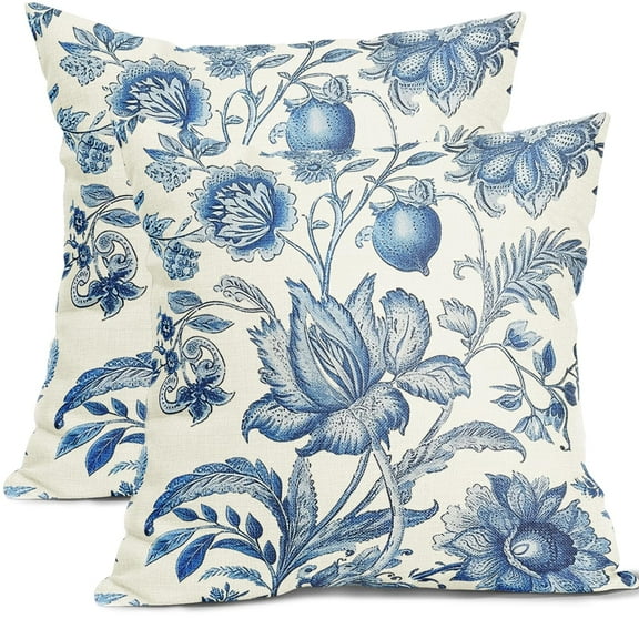 ABSOP Blue Floral Pillow Covers 18x18 Inch Chinoiserie Throw Pillow Covers Set of 2 Flower Farmhouse Pillowcases Cotton Linen Square Cushion Covers for Couch Bed Sofa Chair