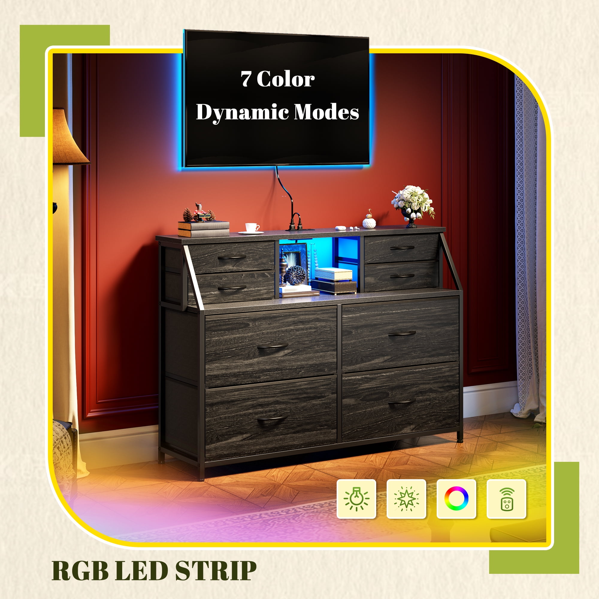 EnHomee Dresser for Bedroom with Power Strip & LED Lights Fabric Dresser with Open Shelves Chest of Drawers for Living Room, Black