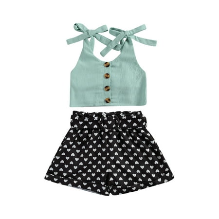 

Canrulo Toddler Baby Girls Clothes 2pcs Sleeveless Belt Button Vest Tops Love Heart Print Shorts Outfits Light Blue 12-24 Months