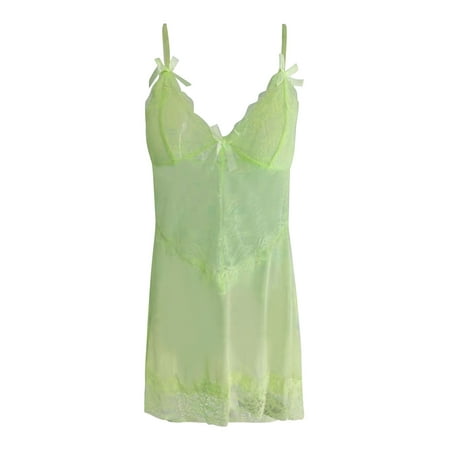 

BIZIZA Women s Chemise Solid Color Lace Plus Size Sleepwear Mesh Nightdress V Neck Sexy Lingerie Green M