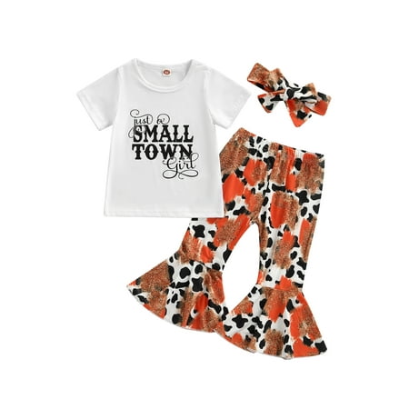 

Bagilaanoe Toddler Baby Girls Summer Outfits Short Sleeve Tops + Long Flared Pants + Headband 3pcs Letter Pattern Casual Clothes Sets