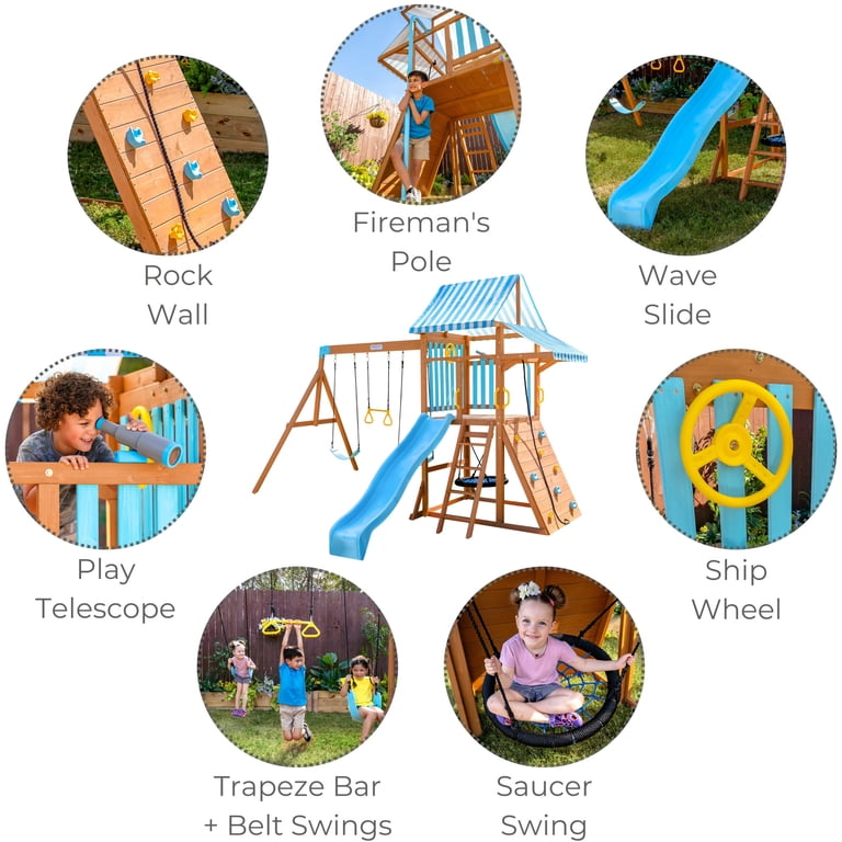 Teamson Kids Laguna Swing Set—Aqua & Natural Wooden Outdoor