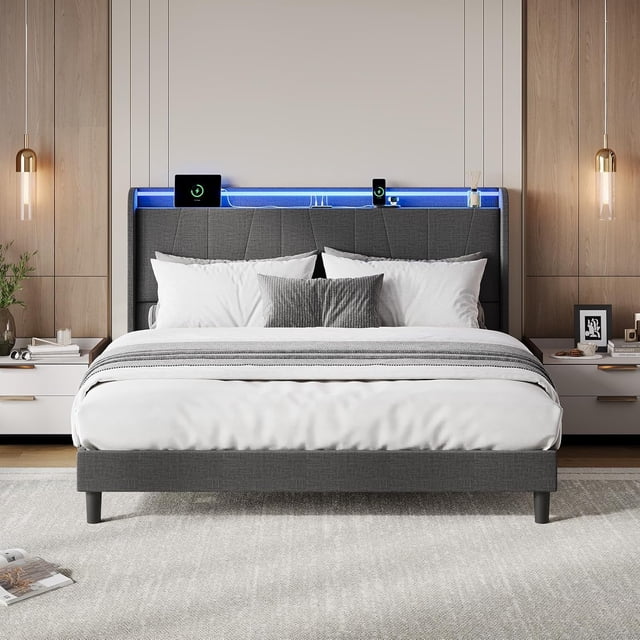 King Size Bed Frame with Charging Station and LED Lights, Modern Platform Bed with Wooden Slats, Upholstered Headboard, No Box Spring Needed, Easy Assembly, Grey