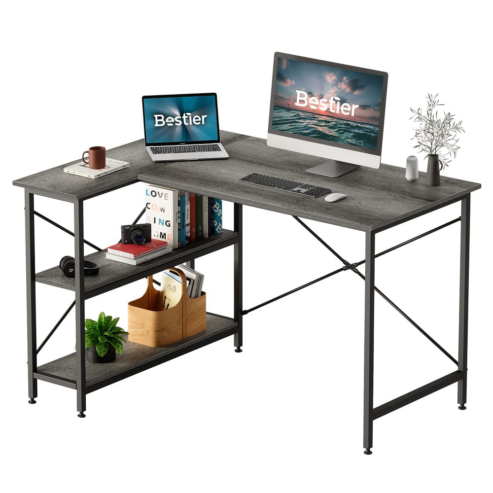 Bestier 47 inch Corner L-Shaped Desk with Storage Shelves Writing Desk Gray  - Walmart.com