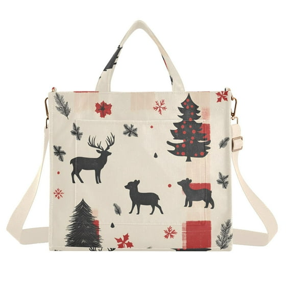 FORMRS Womens Corduroy Tote Bag Crossbody Shoulder Handbag with Pocket, Christmas Forest