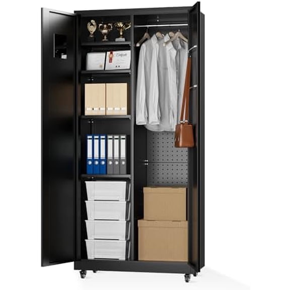 Metal Storage Cabinet with Lock, 72" Clothing Coat Steel Wardrobe Cabinet with Wheel, Tall File Tool Cabinet Employees Locker Closet with Hanging Rod for Home Office, Garage, Gym