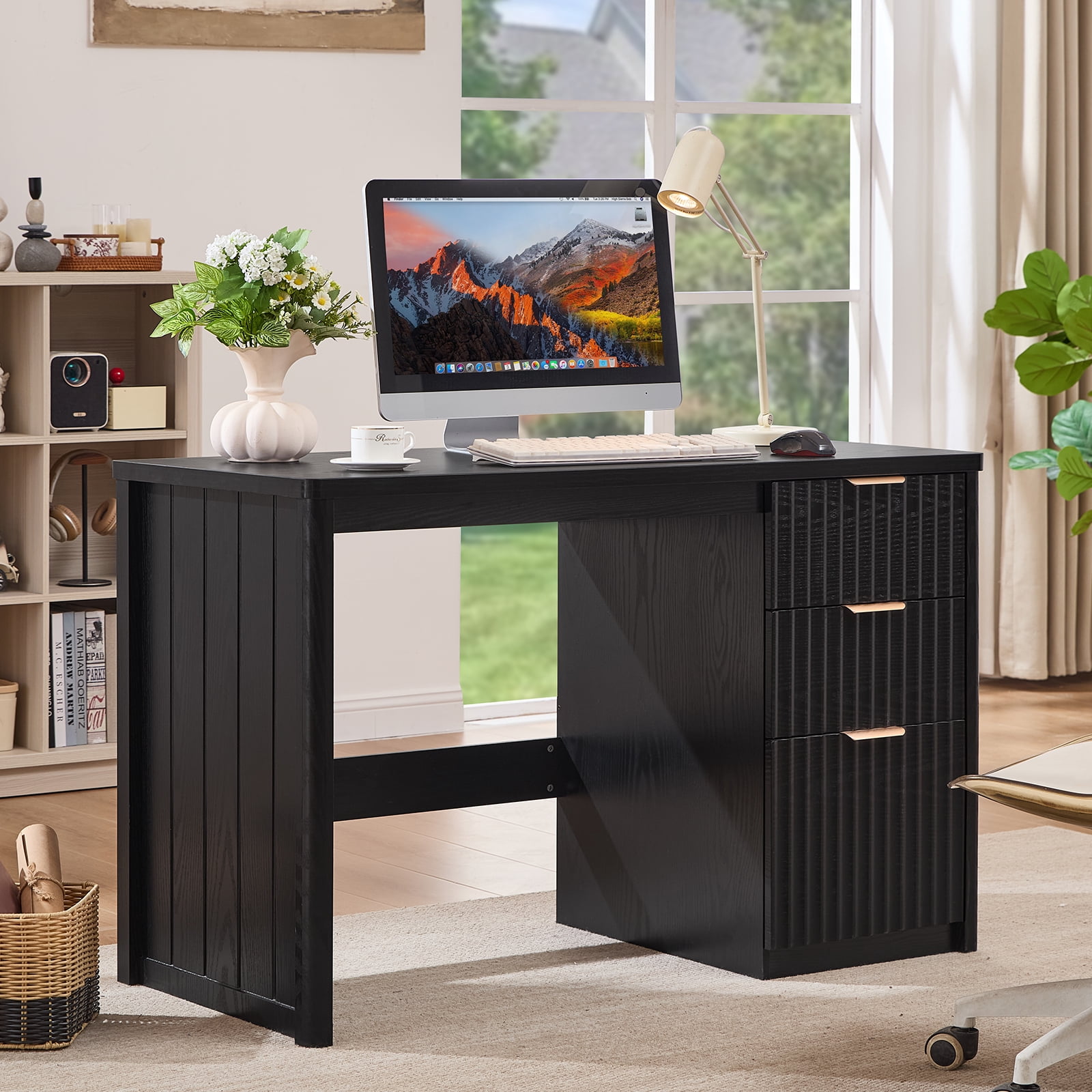 48" Fluted Executive Desk, Modern Wood Computer Writing Desk Home Office Desk with Metal Handles, Writing Table Storage Cabinet for Study, Black