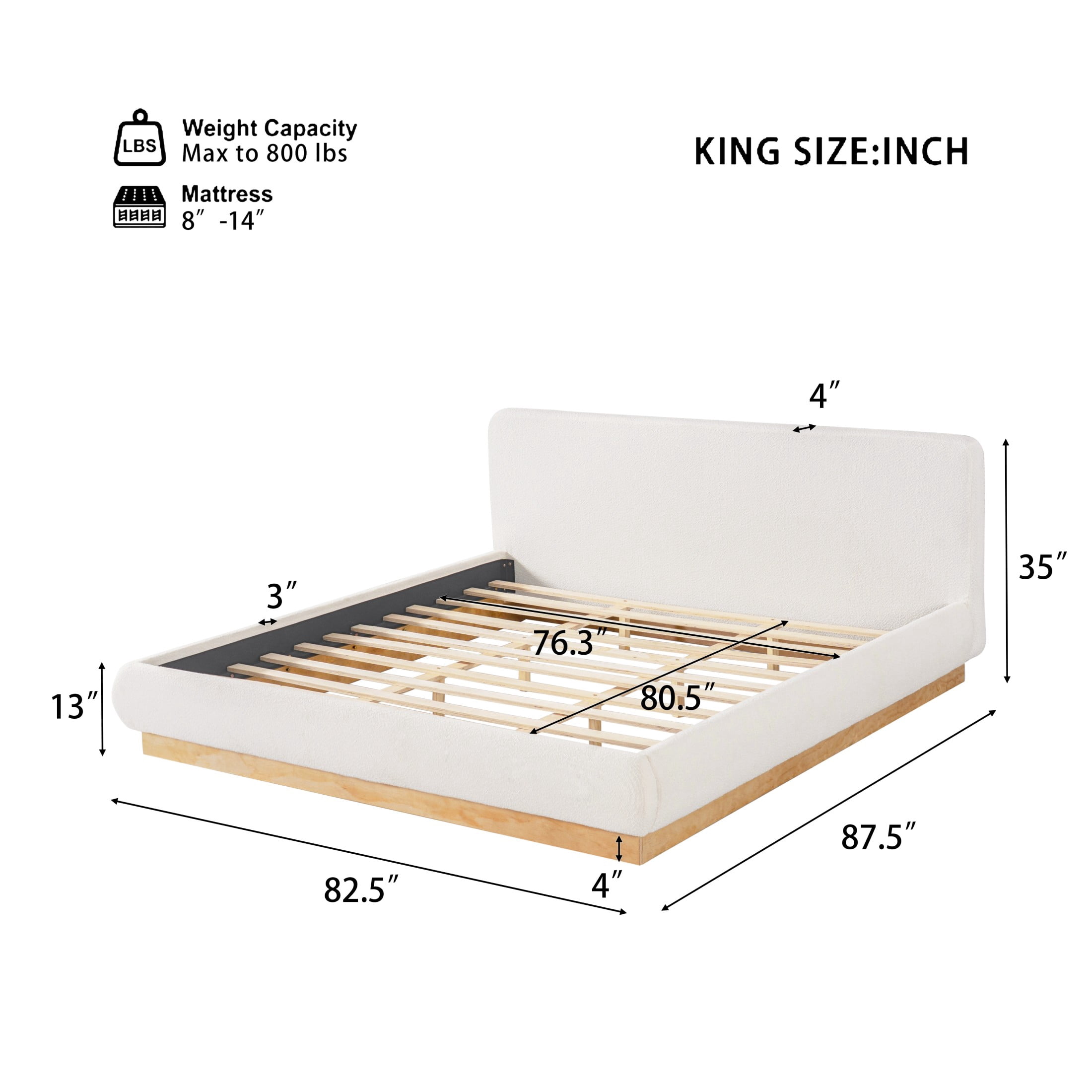 Christopher Knight Home King Boucle Upholstered Platform Bed Frame with Headboard, Natural+White
