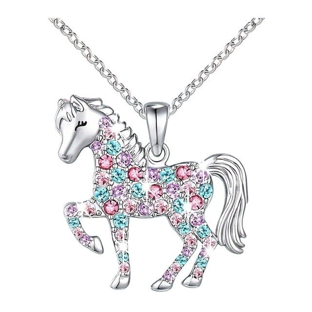Collar con colgante de caballo con diamantes de imitación y gemas sintéticas de colores, collar con dije de caballo brillante, regalo para mujeres, niñas y vaqueras.
