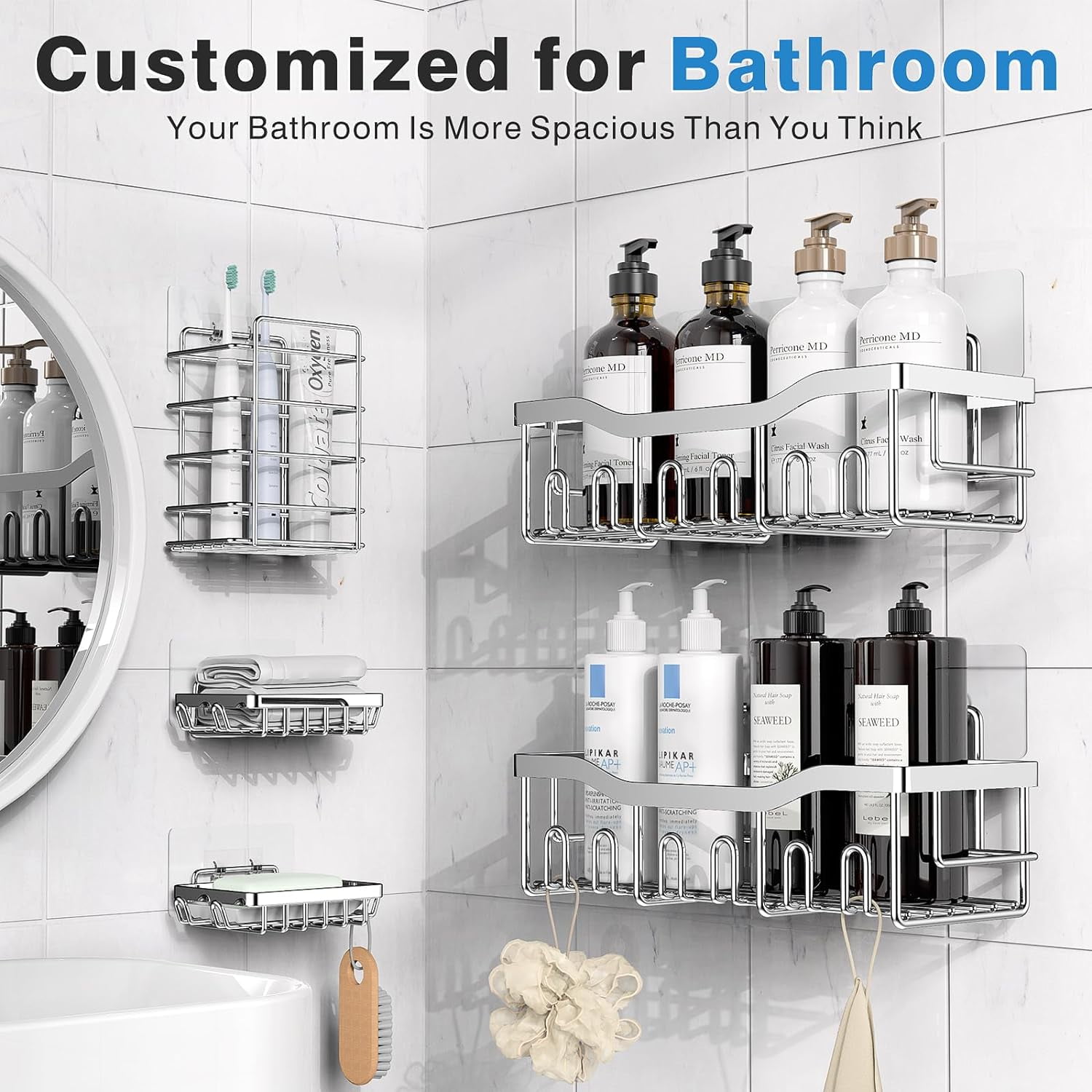 Coraje Shower Caddy, Shower Shelves [5-Pack], Adhesive Shower Organizer No  Drilling, Large Capacity, Rustproof Stainless Steel Bathroom Shower Shelf