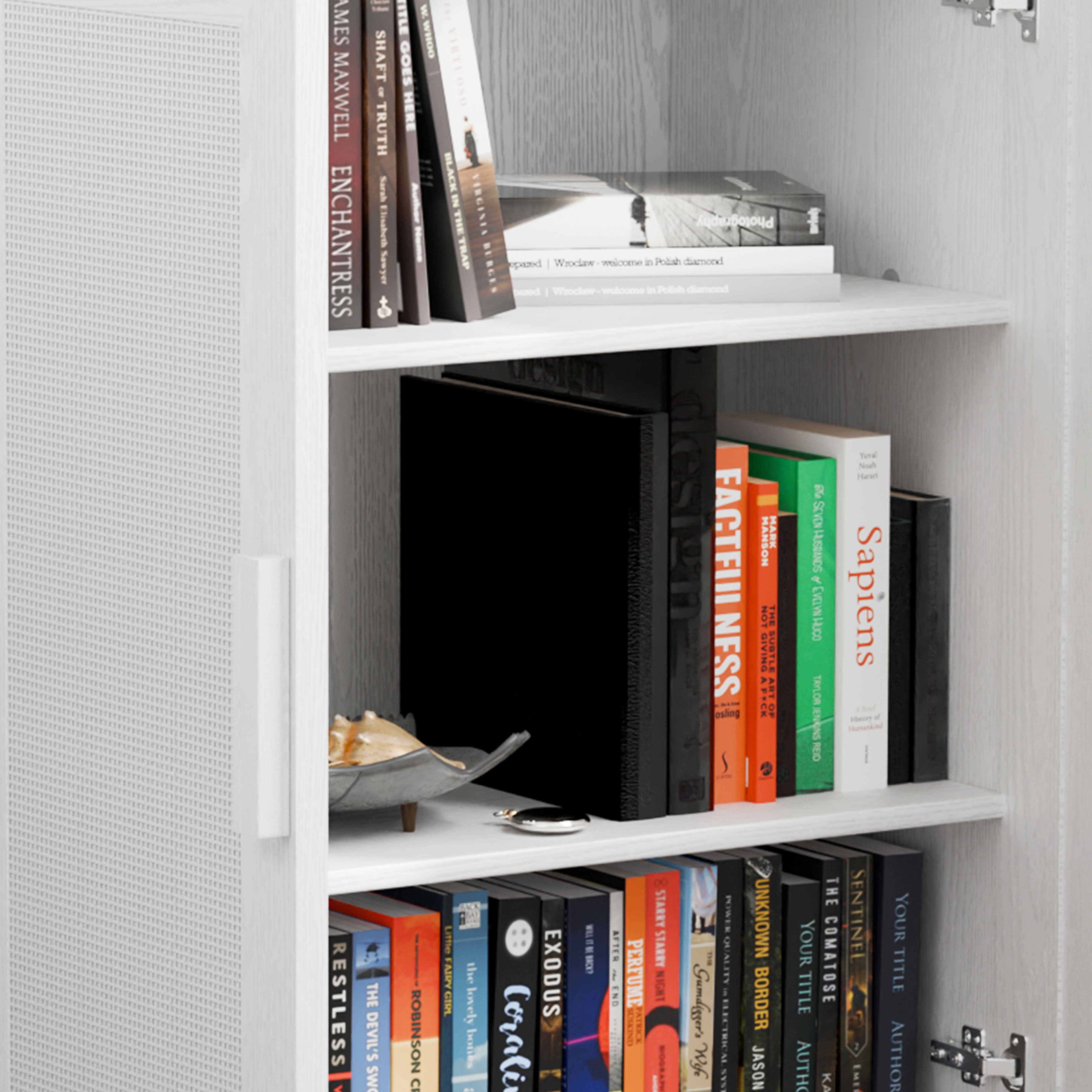 MAYEERTY 31x31x16 Inch White Wood Grain Storage Cabinet with Rattan Door for Living Room