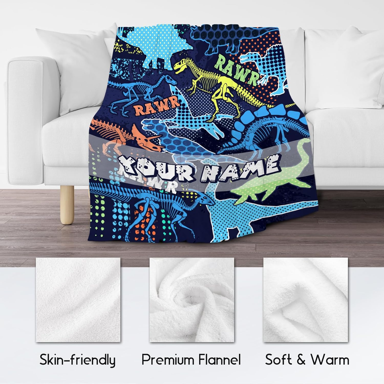 Custom Dinosaur Blanket with Name for Boys, Personalized Dinosaur Gifts for Boys Kids, 60"x80" Kids Blankets for Boys Son, Dinosaur Throw Blanket for Living Room, Soft Fluffy Throw Blanket