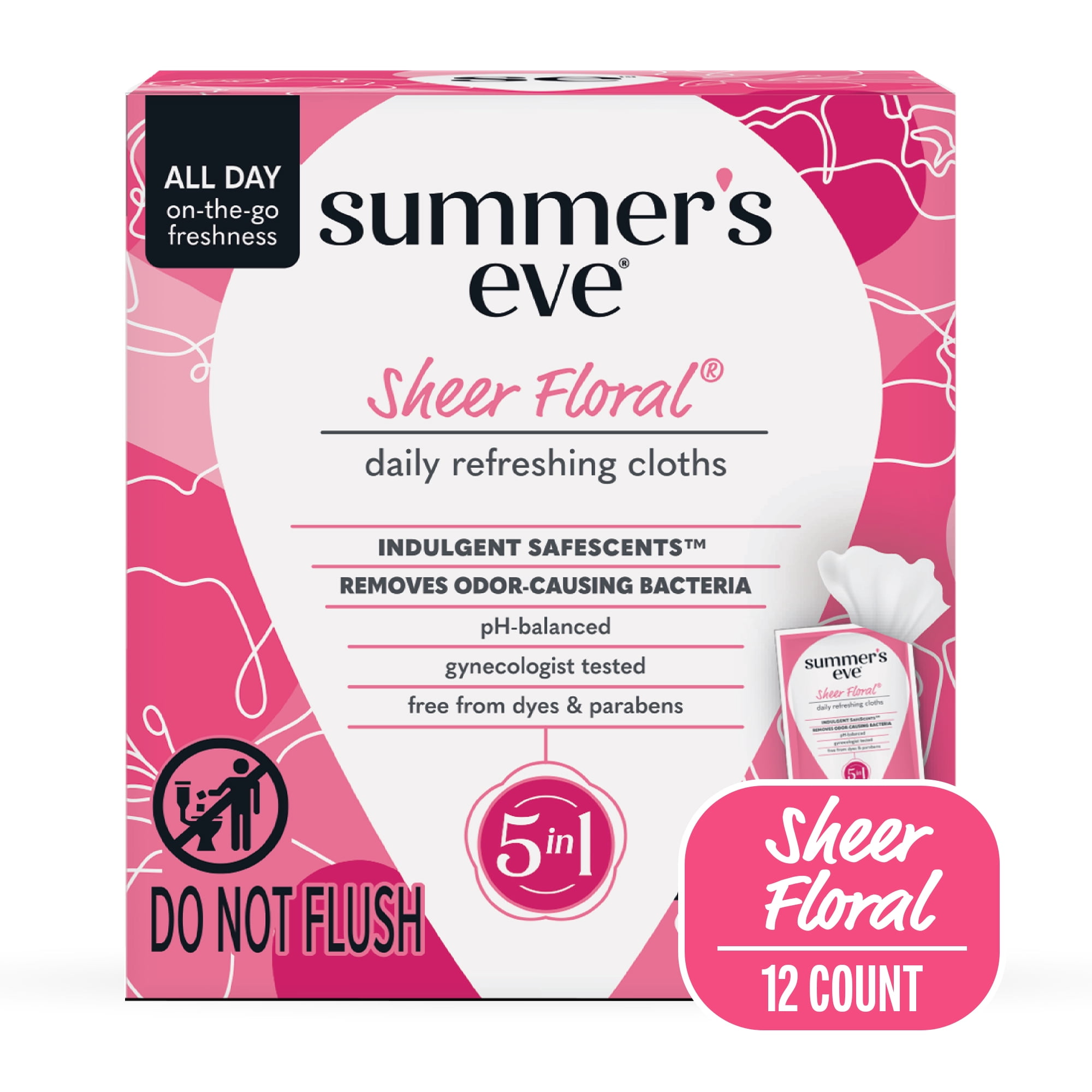 (6 pack) Summer’s Eve Sheer Floral Daily Feminine Wipes, 12 Count