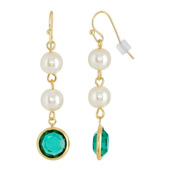 1928 Jewelry Women's Gold Tone Emerald Green Austrian Channel Crystal Faux Pearl Linear Drop Earrings