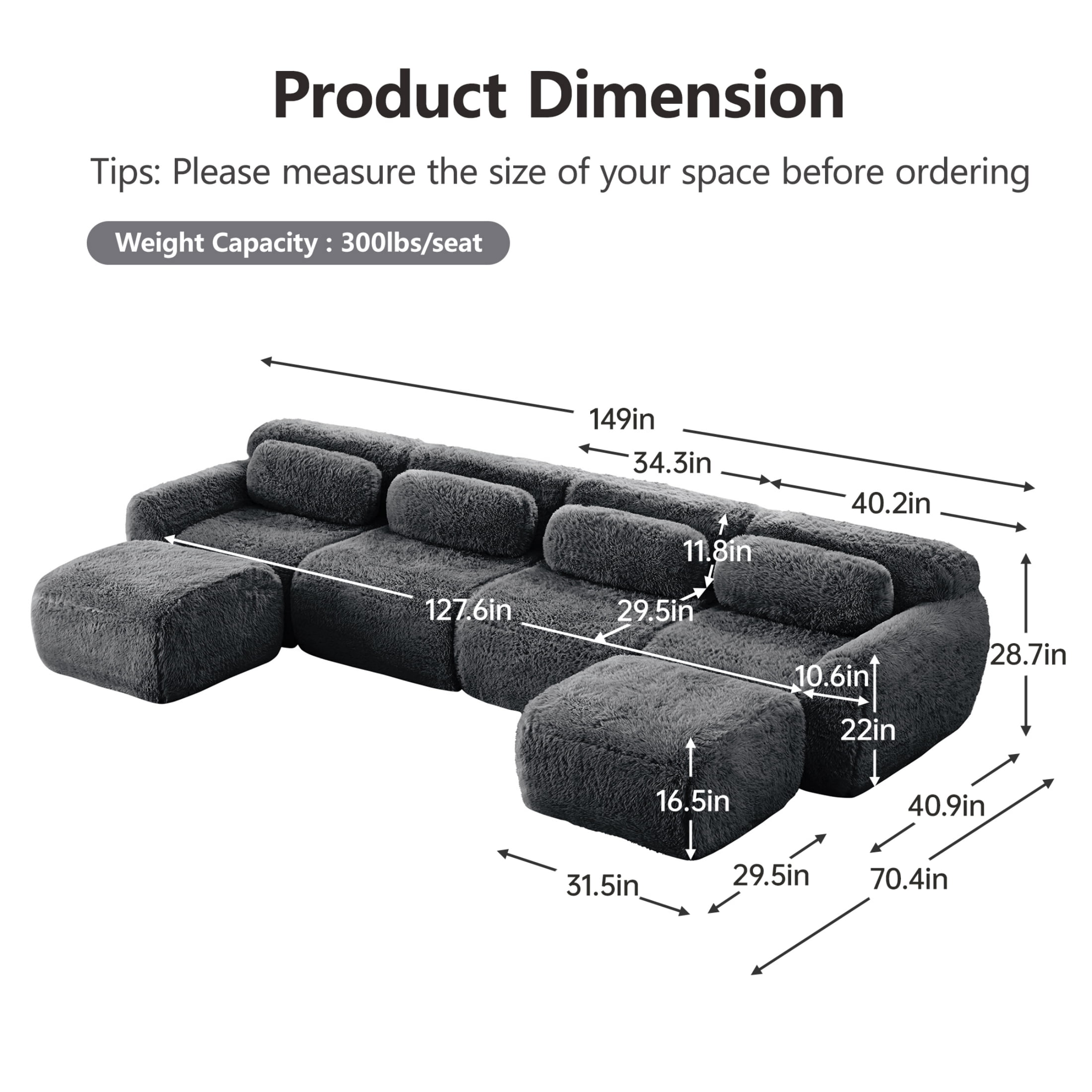 Vinform 149" Sectional Couch, U-Shaped Sofa with 2 Ottomans for Living Room, 4-Seat, Plush, Gray(No Assembly Required)