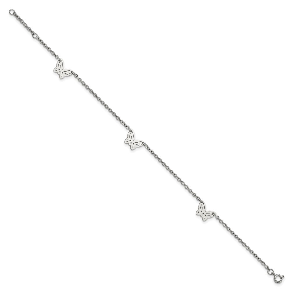 Auriga Fine Jewelry Stainless Steel Polished with Butterfly Charms 9.5 inch Anklet Plus 1 inch Extension for Women