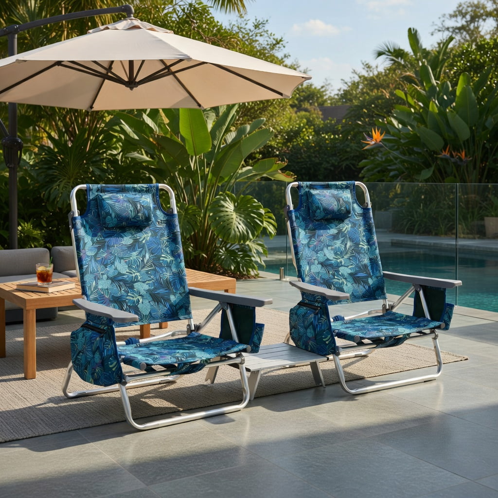 Hommoo 2-Pack Adjustable 5-Position Aluminum Beach Chair Set with Folding Side Table， Lightweight Portable Camping & Outdoor Reclining Chairs, Multicolor