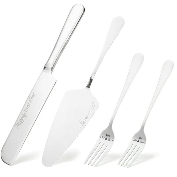 Cake Cutting Set for Wedding 4 Pcs Cake Knife and Forks Server Set for Wedding,Engagements, Anniversaries (Silver)