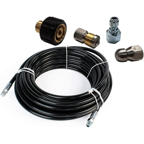 Ultimate Washer Sewer Jetting Kit for Power Pressure Washer, 1/4 Inch MNPT, 100 Ft Sewer Hose, Laser Nozzle and Rotating Drain Jetting Nozzle, 4400 PSI