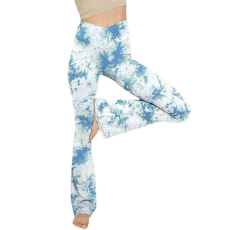 Hfyihgf Yoga Pants Women V-Crossover High Waisted Pattern Flared Leggings  Tummy Control Bell Bottom Bootcut Pants Workout Leggings(Light Blue,XL) 