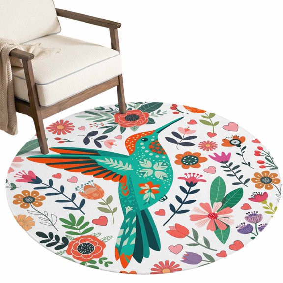 Washable Round Rugs 3ft Birds Flowers Circle Rug Non-Slip Soft Non-Shedding Low-Profile Cartoon Sunny Colorful Botanical Floral Small Area Rug Carpet for Living Room Bedroom Dining Room Home Decor
