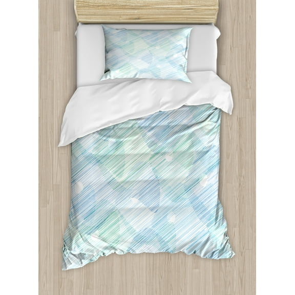 Modern Duvet Cover Set, Abstract Geometrical Futuristic Modern Image Stripes and Unknown Background, Decorative 2 Piece Bedding Set with 1 Pillow Shams, Twin Size, Blue and White, by Ambesonne