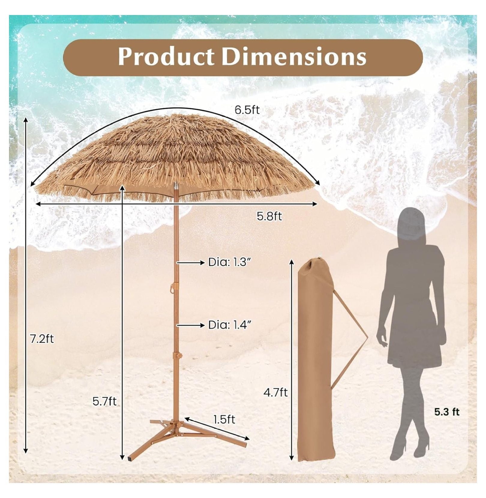 6.5FT Tiki Patio Umbrella with Base - Hawaiian Style Tilt Beach Umbrella w/8 Ribs, Foldable Stand, Carry Bag, Tropical Palapa Grass Pool Umbrellas, Hula Thatched Tiki Umbrella Outdoor Patio