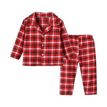 

Diufon Baby Kids Pajamas Sets Boys Girls Plaid Long Sleeve Lapel Button Down Shirt and Pants Casual Home Sleepwear