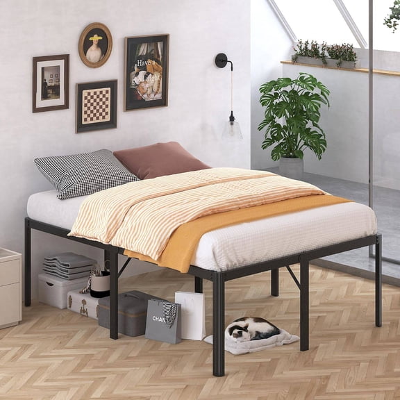 24 Inch High Queen Bed Frame with Rounded Corners, Heavy-Duty Metal Platform, Under-Bed Storage, No Box Spring Needed, Noise-Free, Easy Assembly, Black