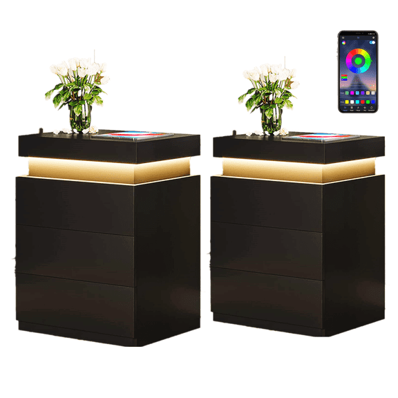 Nightstand Set of 2 with Charging Station,LED Lights,Sliding Top ,Bedside Table with 3 Drawers for Bedroom,Black