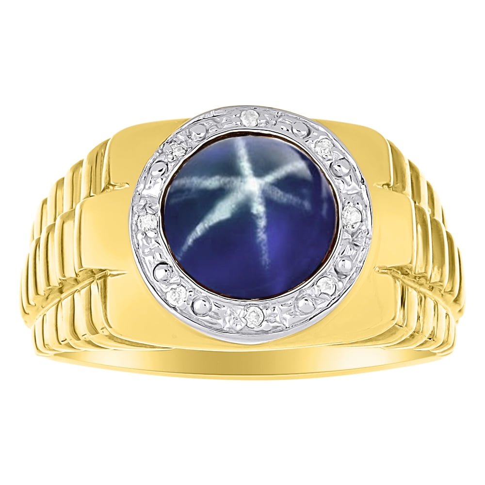 Diamond & Blue Star Sapphire Ring Sterling Silver or 14K Yellow Gold Plated Silver