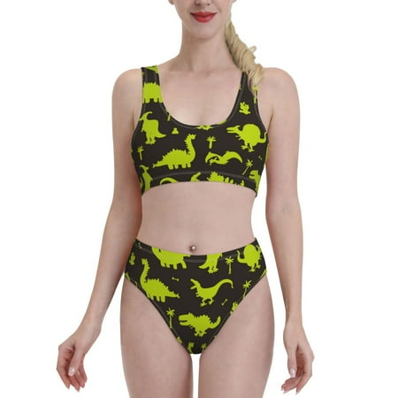 Bixox Cute Cartoon Dinosaurs Pattern Two-Piece Sports Bikini with U-Shaped Top and High-Waist Bottom - Women s Swimwear with Removable Bra Pads