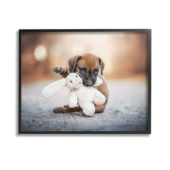 Stupell Industries Puppy with Plushie Toy Animals & Insects Painting Black Framed Art Print Wall Art, 14 x 11