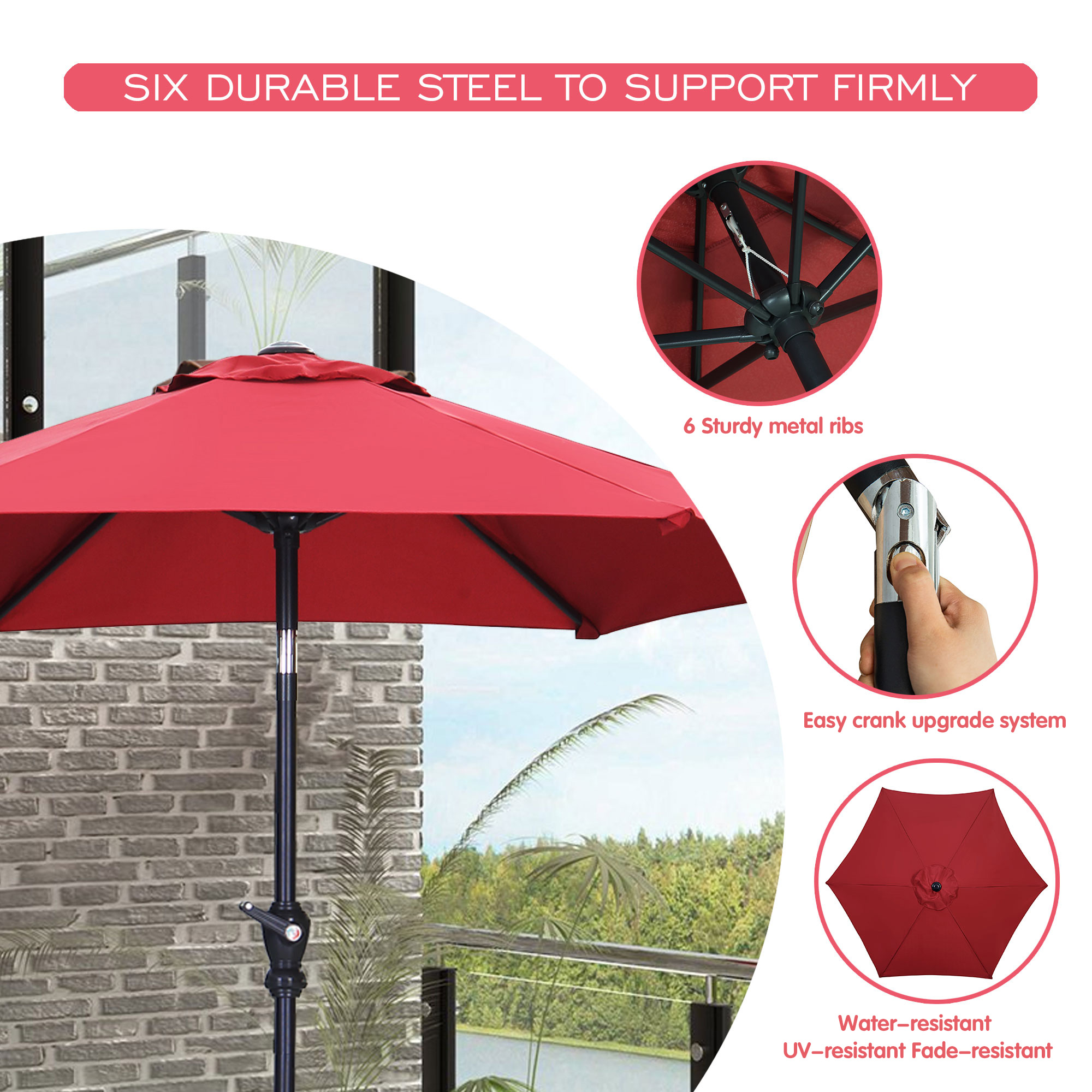 Autlaycil 9ft Outdoor Patio Umbrellas 6 Ribs with Tilt and Crank Patio Table Umbrella, for Patio Garden and Poolside-Red
