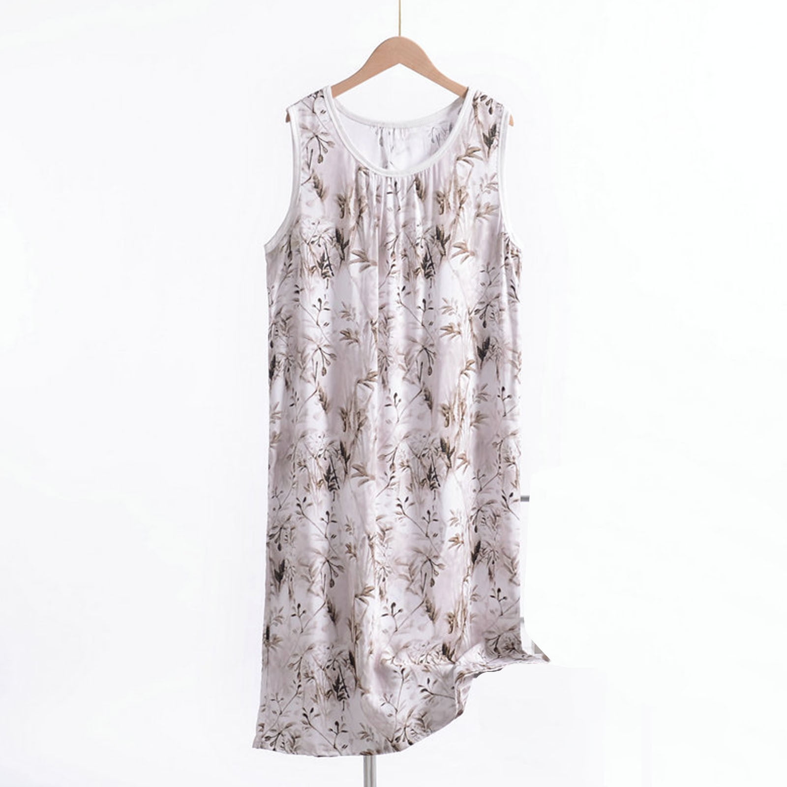 Women Nightgown Sleep Shirts Sleeveless Sleepwear Pleated Front Nightshirt Round Neck Nightdress Beige XL